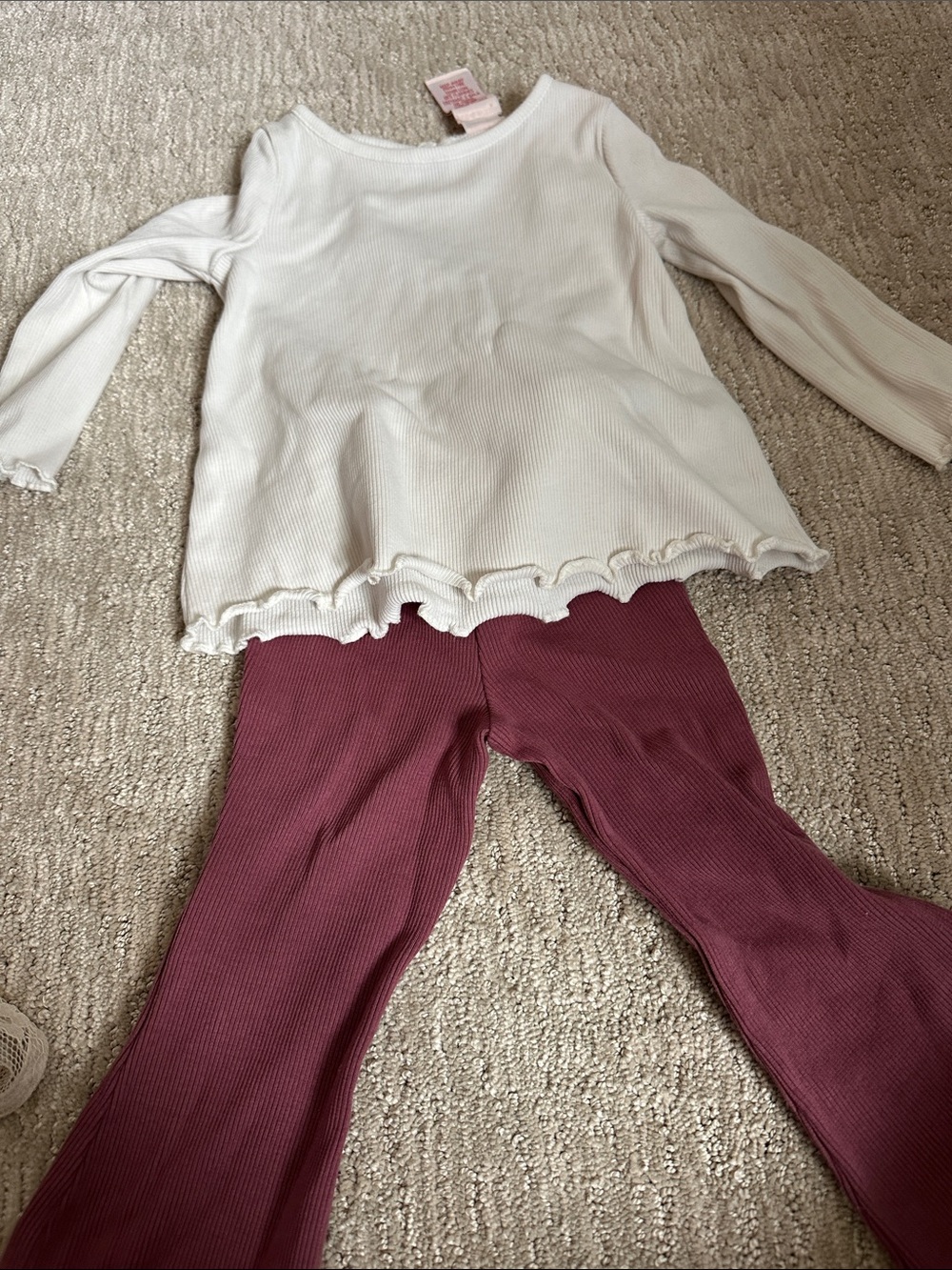 Cream Ruffle Hem Ribbed Top with Mauve Ribbed Leggings
